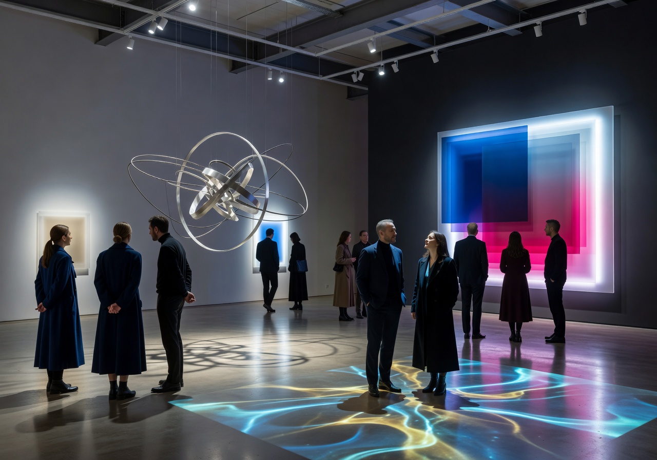 Art exhibition gallery with modern lighting and visitors appreciating contemporary art installations