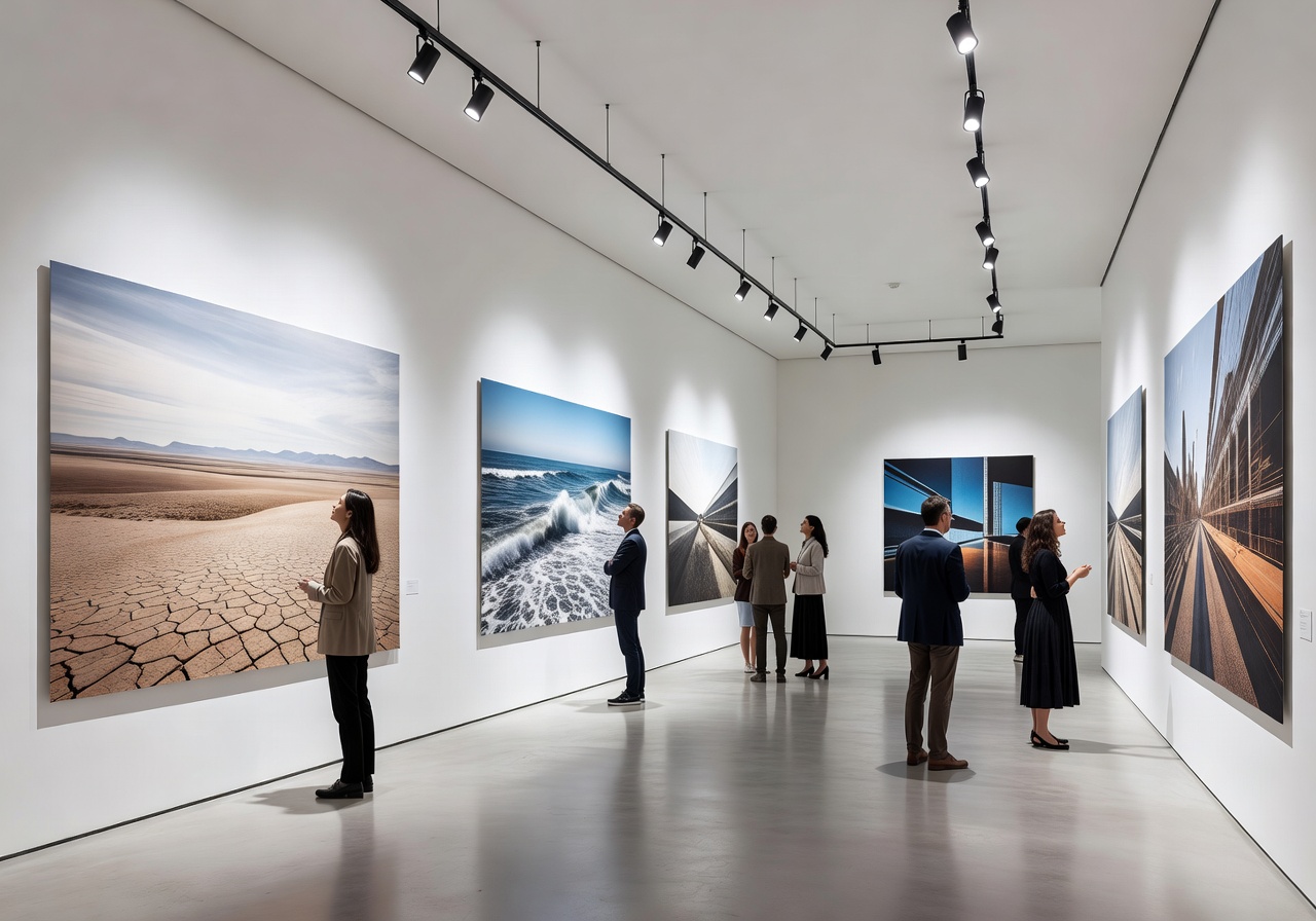 Art exhibition gallery with modern lighting and visitors viewing large-scale photographic works on white walls