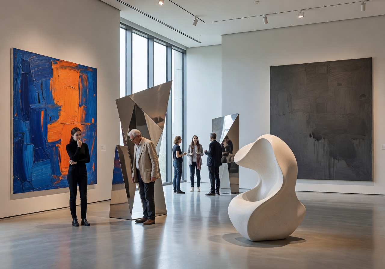 Contemporary art gallery with large-scale paintings and modern sculptural installations viewed by museum visitors