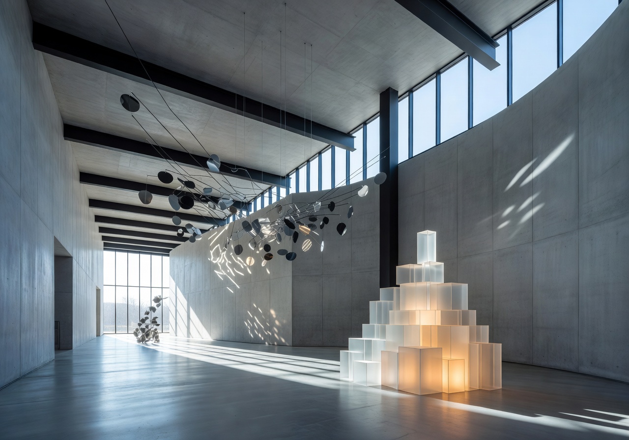 Contemporary art museum interior with modern architectural design and artistic installations