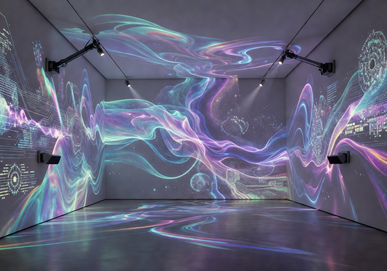 Digital art installation in a modern museum gallery with immersive projection and artistic technological design