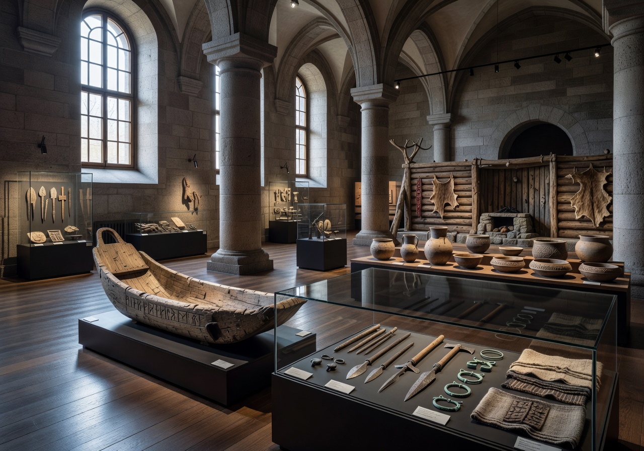 Historic National Museum of Finland interior displaying ancient Finnish artifacts and cultural heritage exhibits