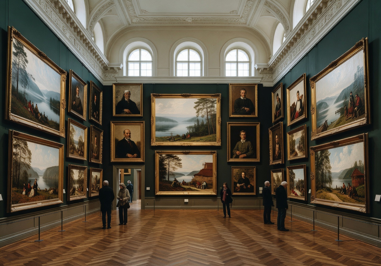 Interior of Ateneum Art Museum in Helsinki showing classical Finnish paintings in an elegant gallery hall