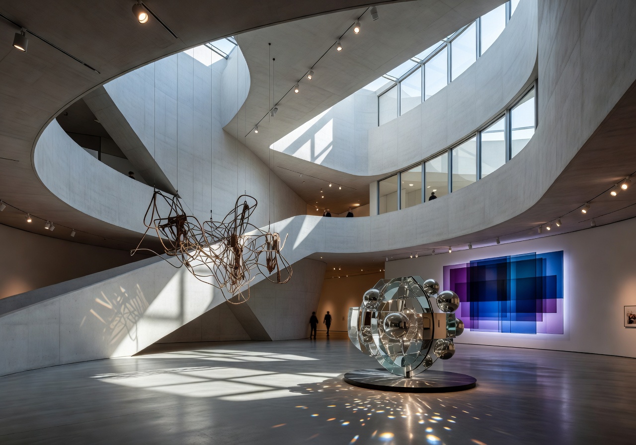Modern contemporary art museum interior with dramatic lighting and artistic installations in Helsinki Kiasma museum