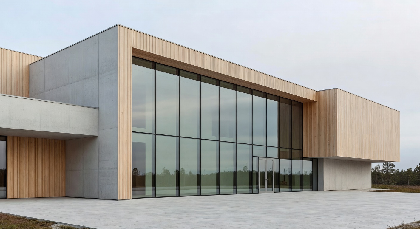 Modern Finnish museum exterior with minimalist Nordic architecture and large glass facade under soft natural lighting