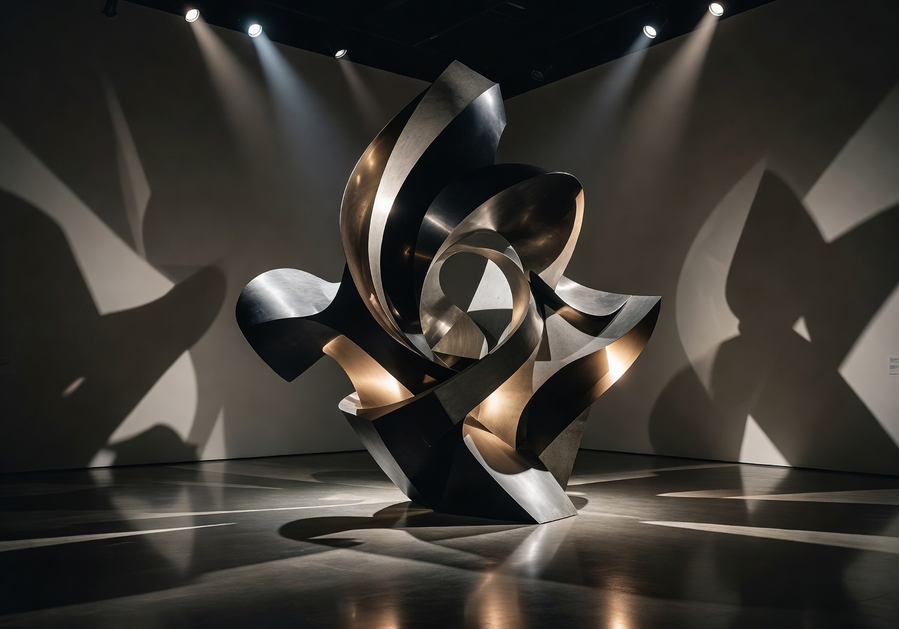 Museum exhibition installation with artistic sculptural design and dramatic gallery lighting